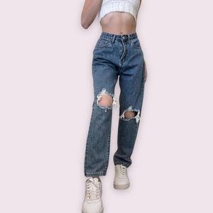 high waisted medium washed distressed jeans
